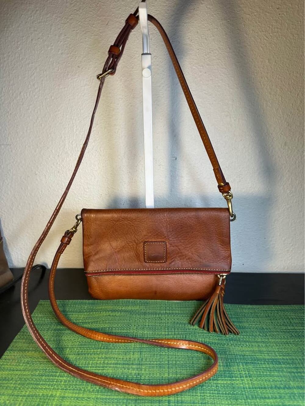 Dooney & Bourke Florentine Leather Foldover Zip Crossbody Bag – Chestnut/Tan